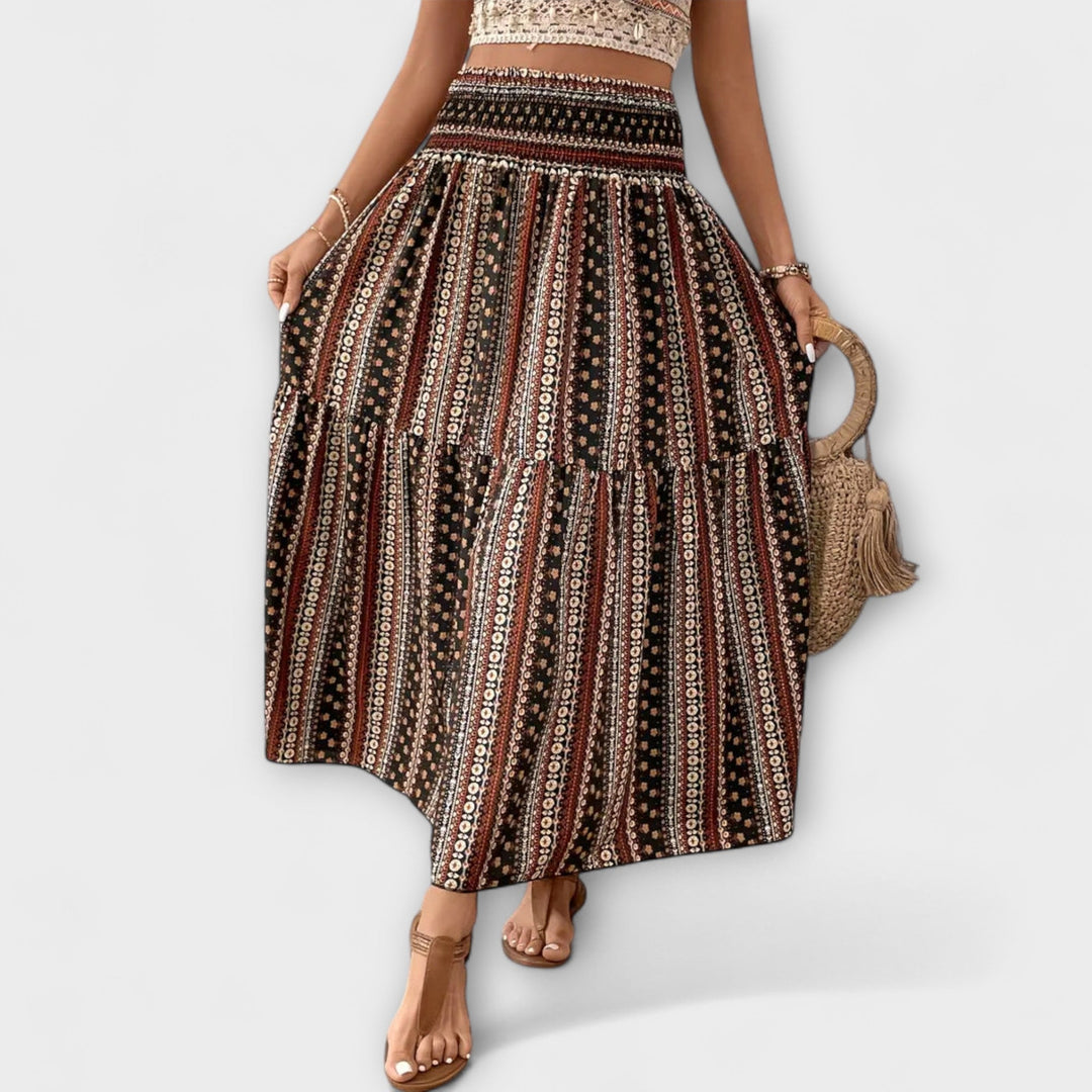 Beáta | Midi sukně s boho potiskem a splývavou látkou