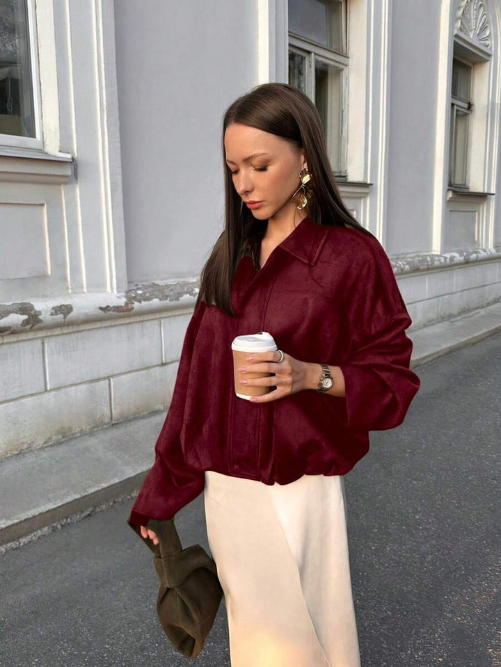 Dámská volná vintage bunda – klasický límec, dlouhý rukáv, podzimní styl