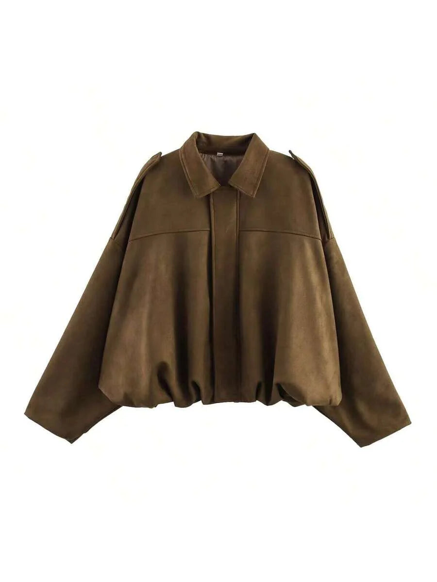 Dámská volná vintage bunda – klasický límec, dlouhý rukáv, podzimní styl