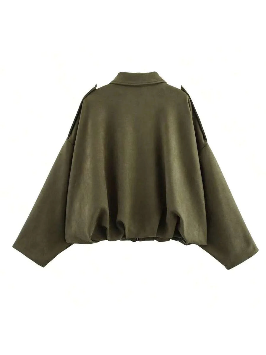 Dámská volná vintage bunda – klasický límec, dlouhý rukáv, podzimní styl