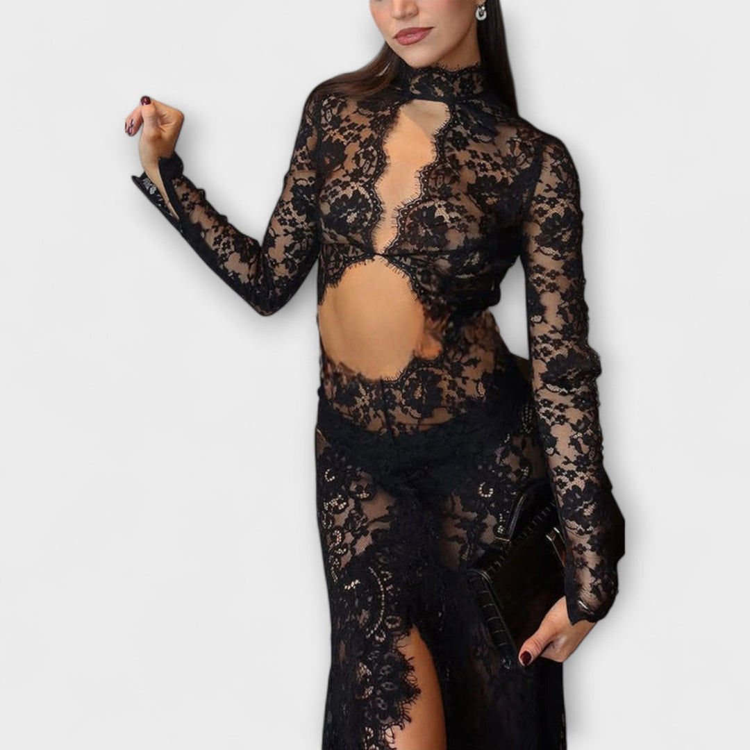 Antónie | Maxi šaty z průhledné krajky v odstínu Midnight Elegance