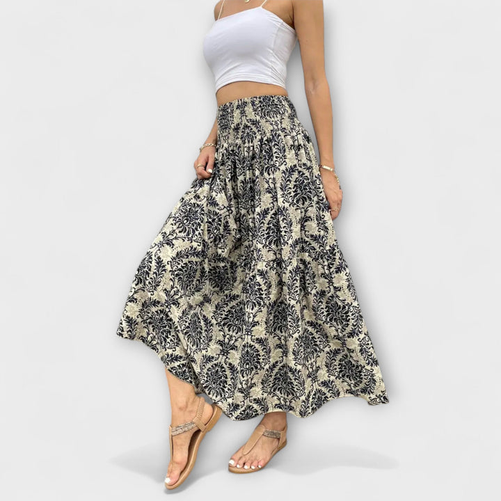 Beáta | Midi sukně s boho potiskem a splývavou látkou