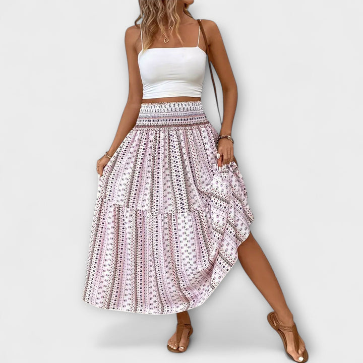 Beáta | Midi sukně s boho potiskem a splývavou látkou