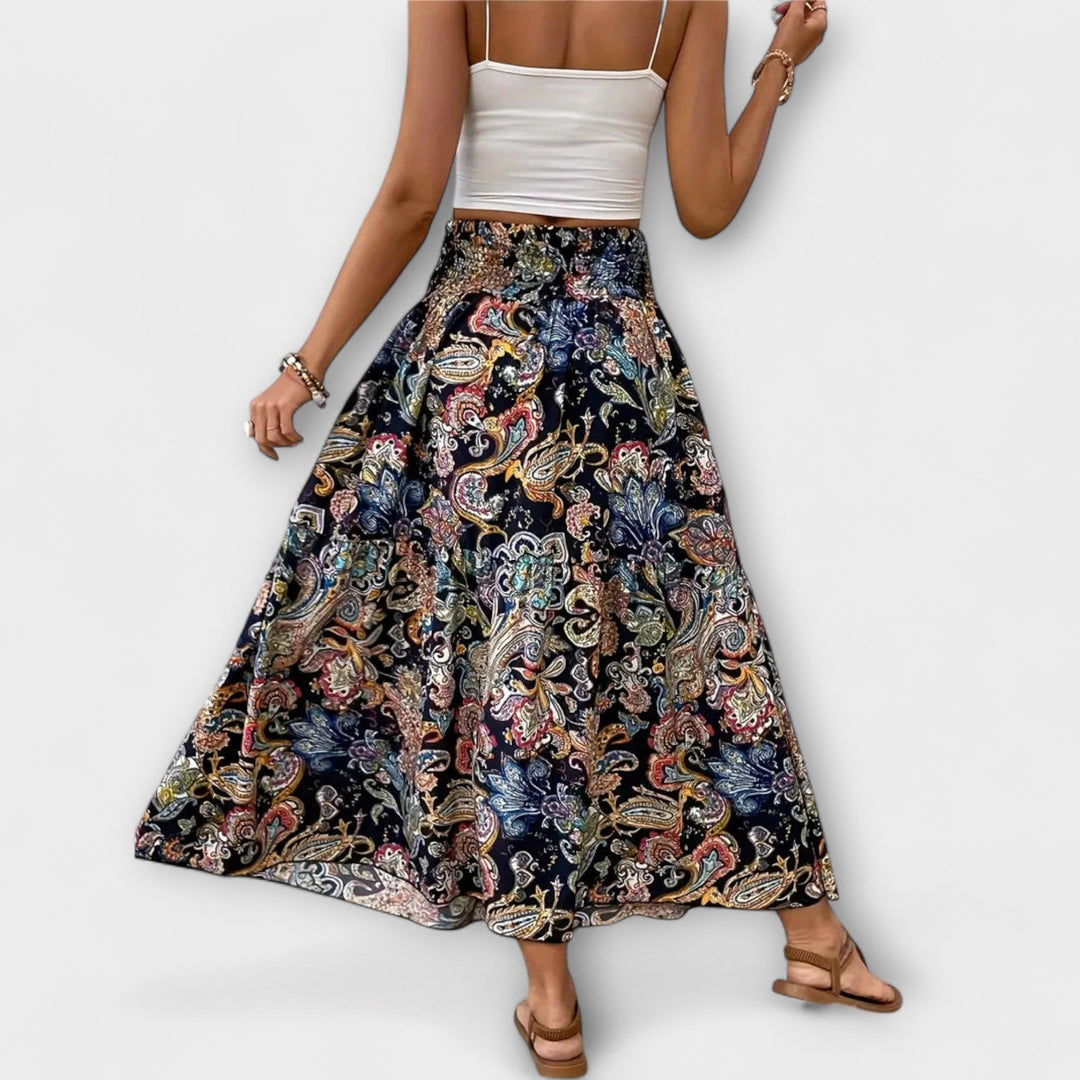Beáta | Midi sukně s boho potiskem a splývavou látkou