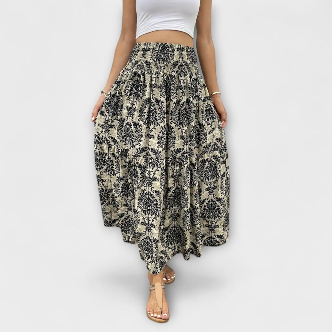 Beáta | Midi sukně s boho potiskem a splývavou látkou