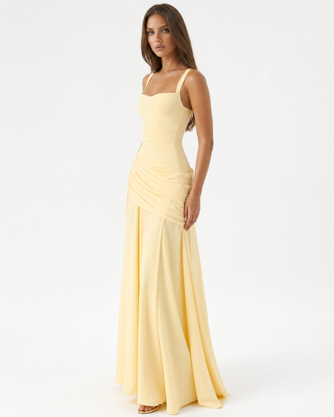 ENIE | Maxikleid mit Gerafftem Eckigem Ausschnitt