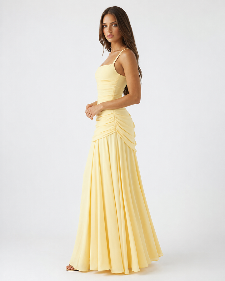 ENIE | Maxikleid mit Gerafftem Eckigem Ausschnitt