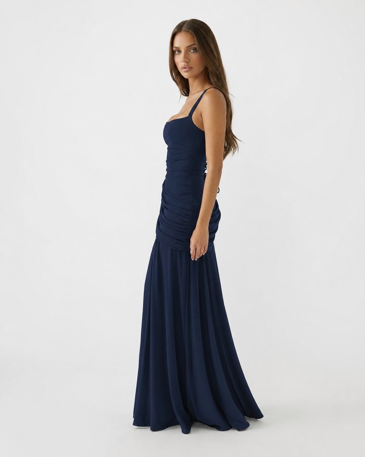 ENIE | Maxikleid mit Gerafftem Eckigem Ausschnitt