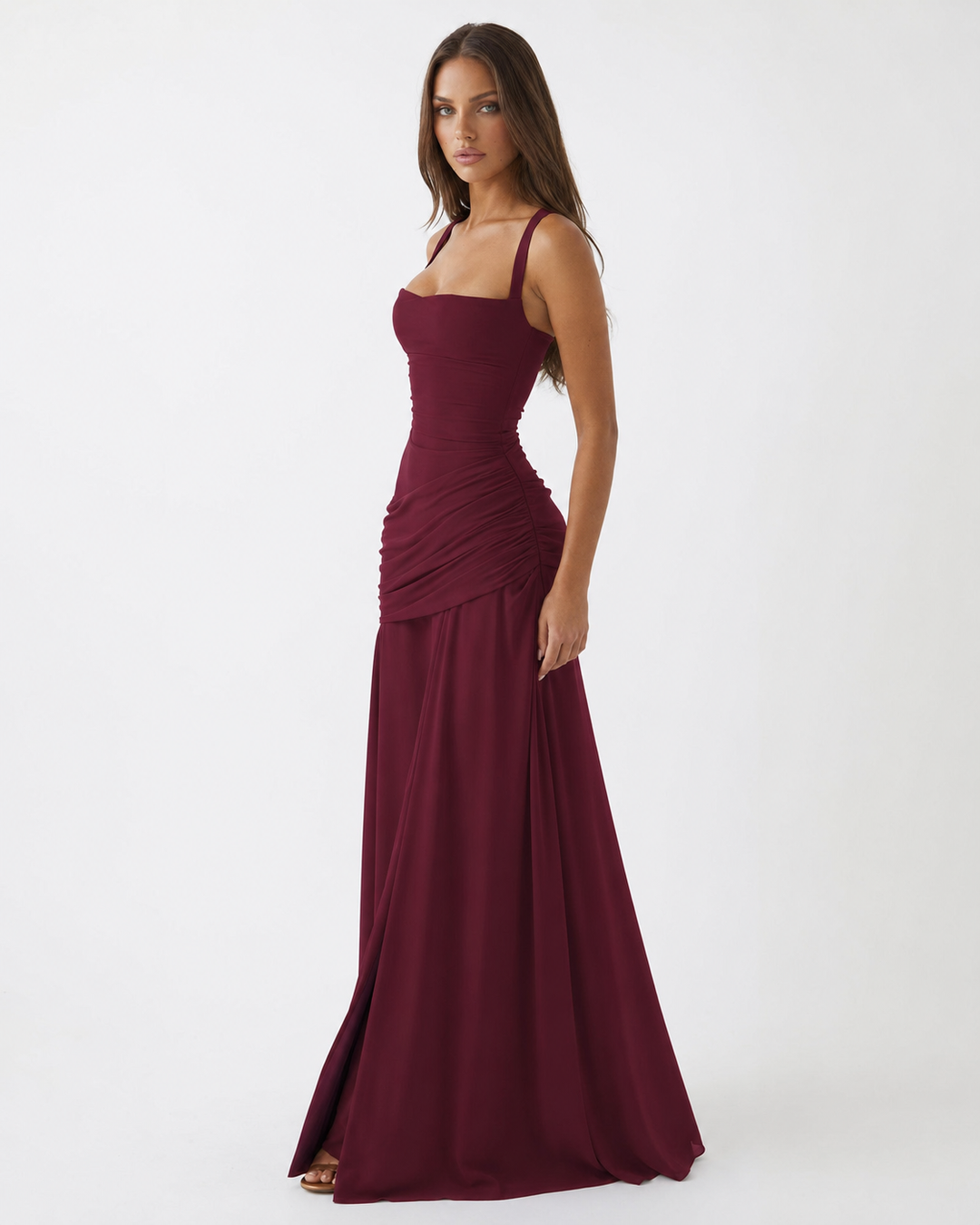 ENIE | Maxikleid mit Gerafftem Eckigem Ausschnitt