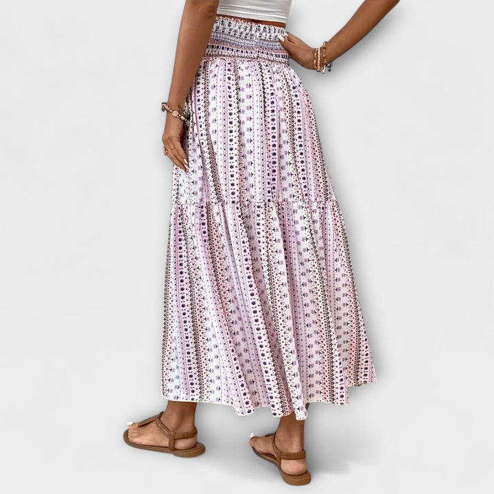Beáta | Midi sukně s boho potiskem a splývavou látkou