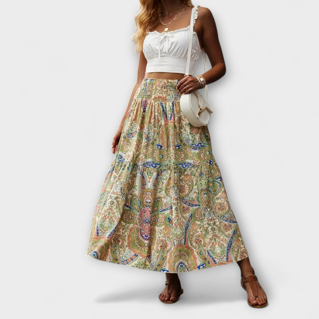 Beáta | Midi sukně s boho potiskem a splývavou látkou