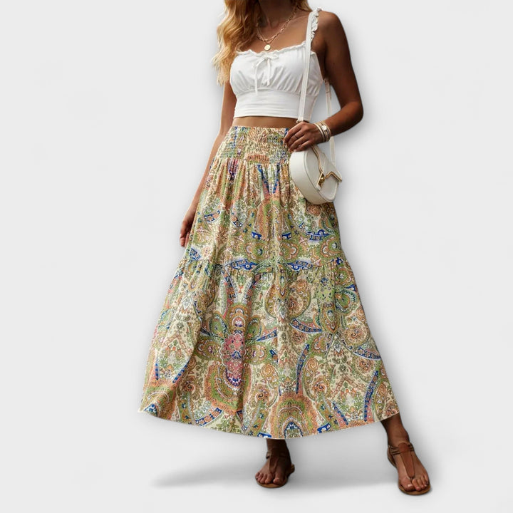 Beáta | Midi sukně s boho potiskem a splývavou látkou