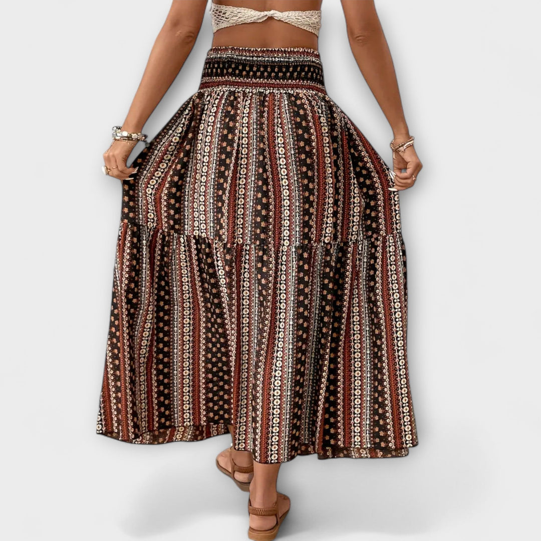 Beáta | Midi sukně s boho potiskem a splývavou látkou