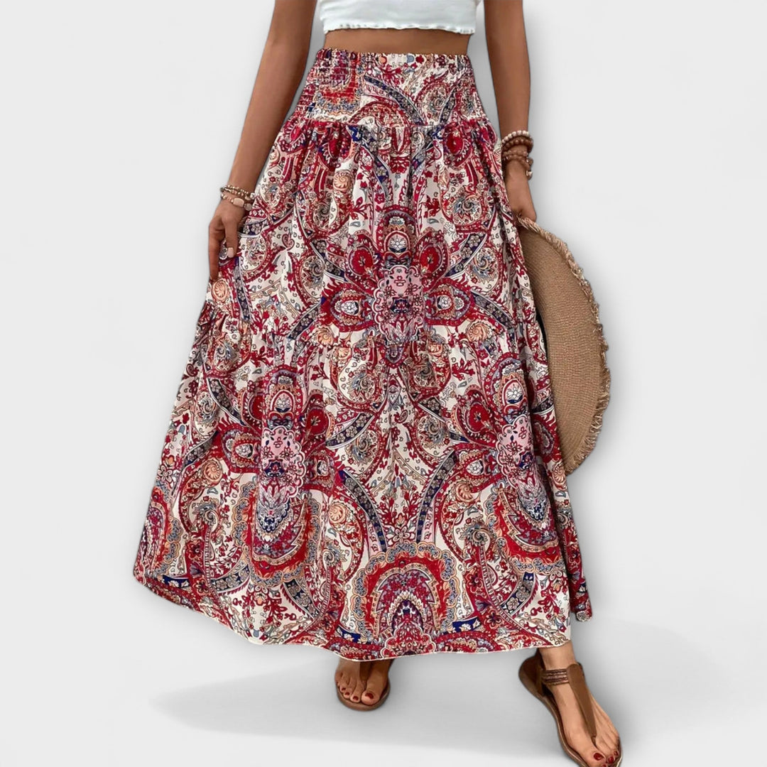 Beáta | Midi sukně s boho potiskem a splývavou látkou